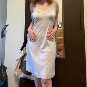 vintage y2k grey slip midi dress with lace trim, adjustable straps.